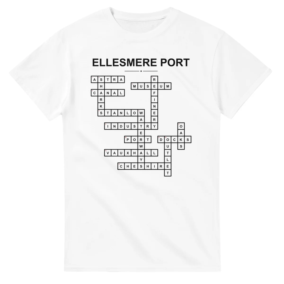 Monochrome crossword sheet for Ellesmere Port, with a large place-name heading, a letter grid, and numbered across and down clues.