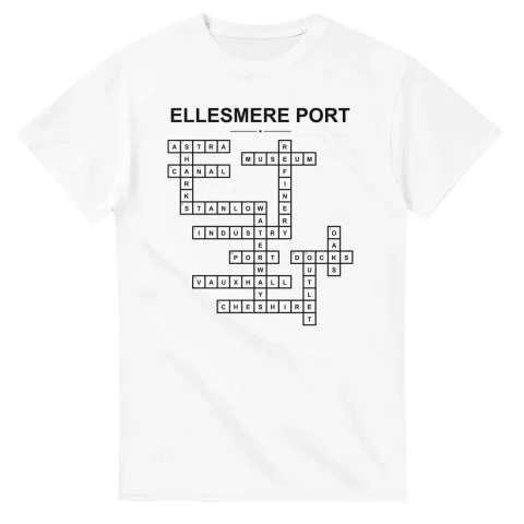 Monochrome crossword sheet for Ellesmere Port, with a large place-name heading, a letter grid, and numbered across and down clues.