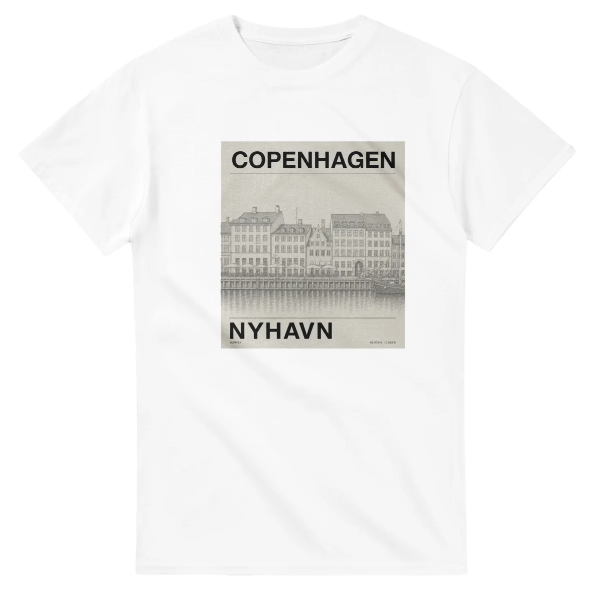 Fine-line engraving-style drawing for Copenhagen, with a landmark caption and small coordinate text.