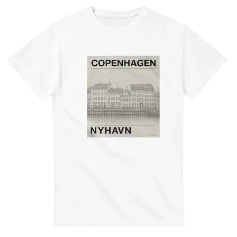 Fine-line engraving-style drawing for Copenhagen, with a landmark caption and small coordinate text.