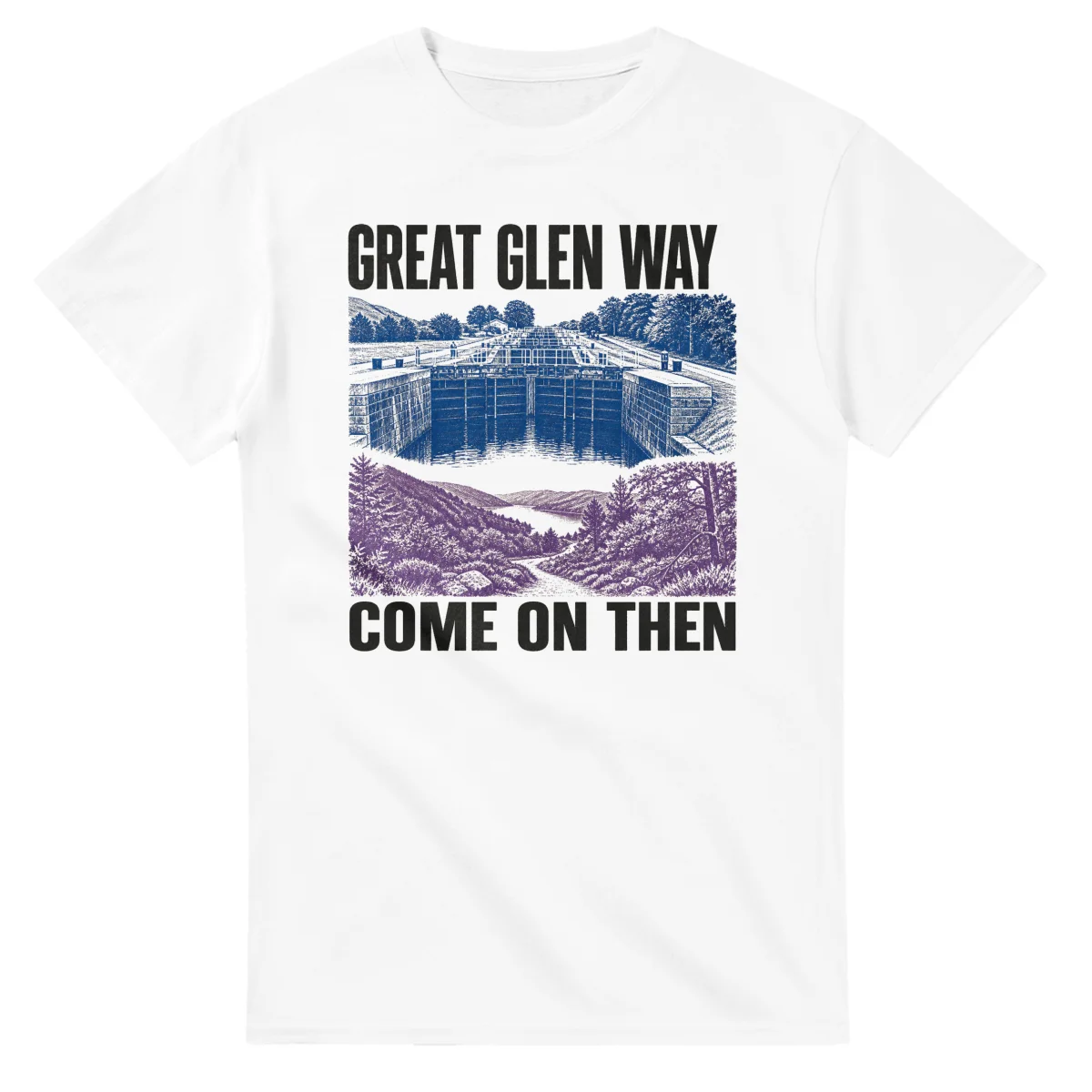 Two-colour scenic illustration for Great Glen Way, with the place name and COME ON THEN lettering.