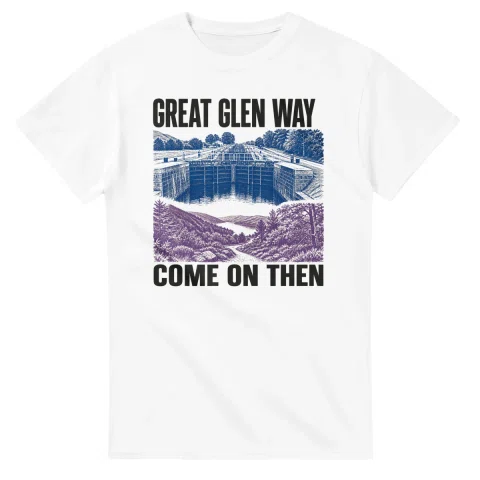 Two-colour scenic illustration for Great Glen Way, with the place name and COME ON THEN lettering.