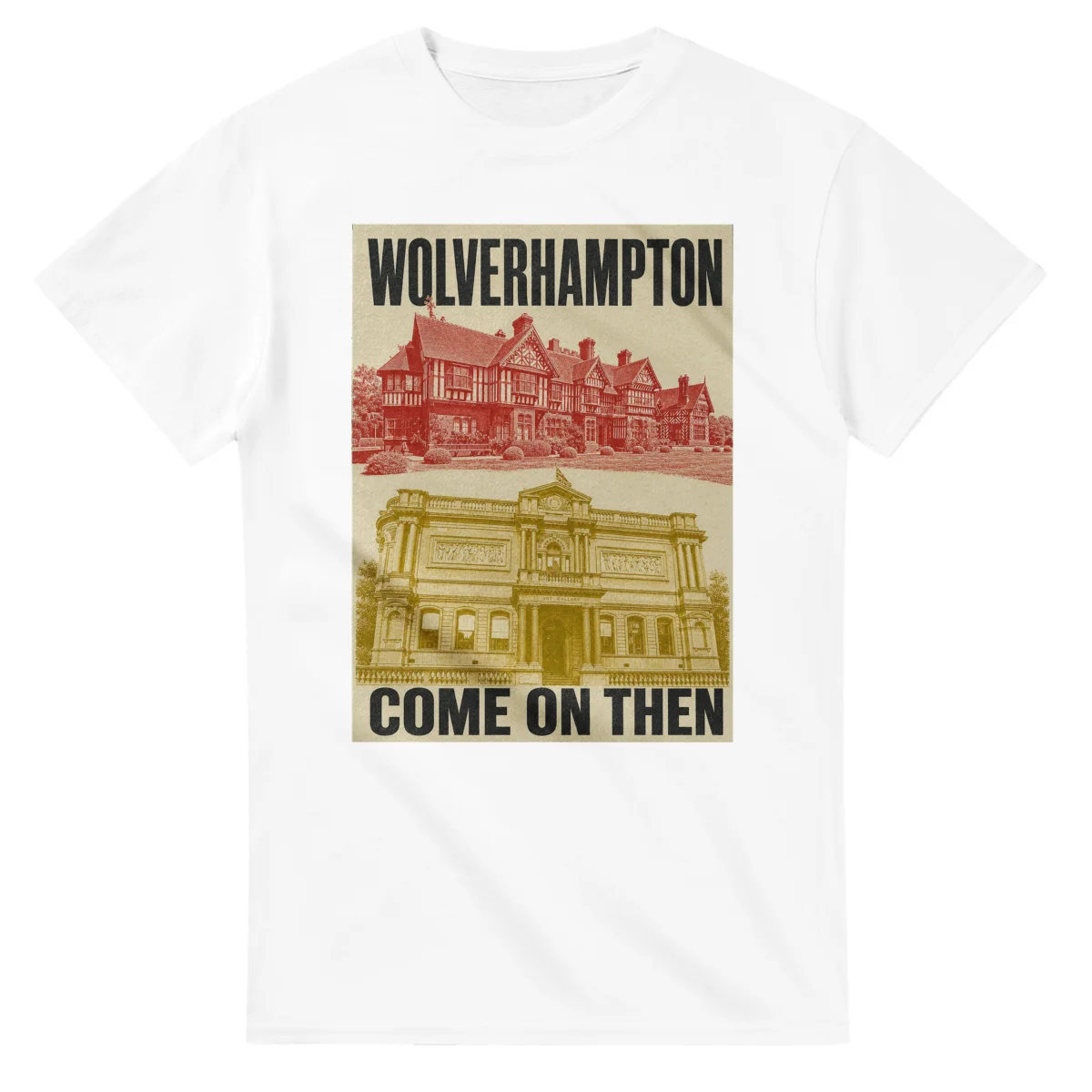Two-colour scenic illustration for Wolverhampton, with the place name and COME ON THEN lettering.