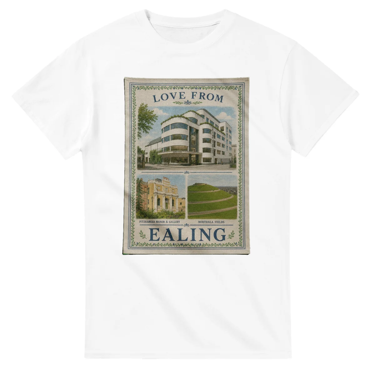 Framed scenic design for London Borough of Ealing, with several local views, a decorative border and LOVE FROM lettering.