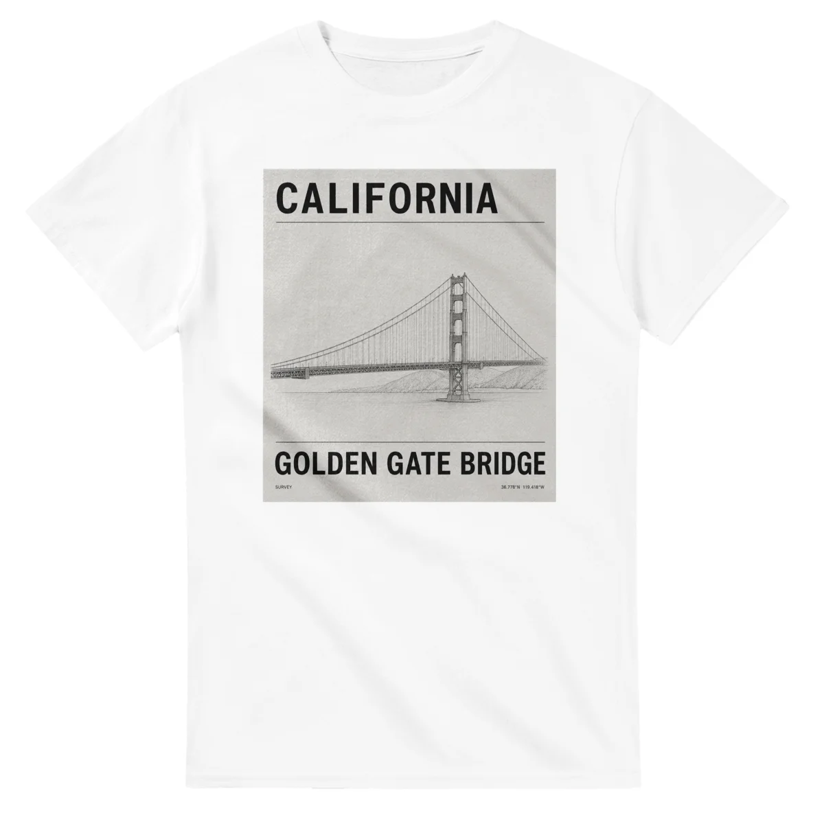 Fine-line engraving-style drawing for California, with a landmark caption and small coordinate text.