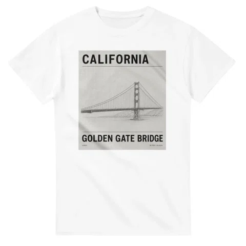 Fine-line engraving-style drawing for California, with a landmark caption and small coordinate text.