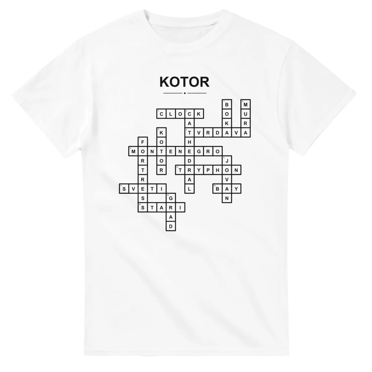Monochrome crossword sheet for Kotor, with a large place-name heading, a letter grid, and numbered across and down clues.