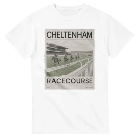 Fine-line engraving-style drawing for Cheltenham, with a landmark caption and small coordinate text.
