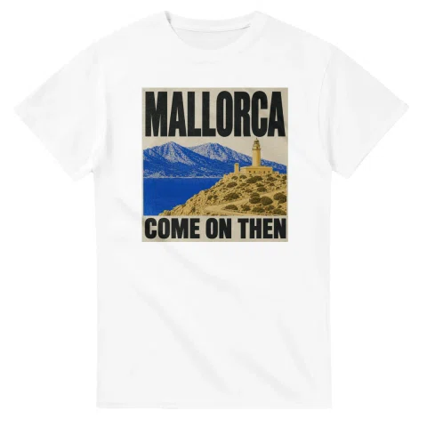 Two-colour scenic illustration for Mallorca, with the place name and COME ON THEN lettering.