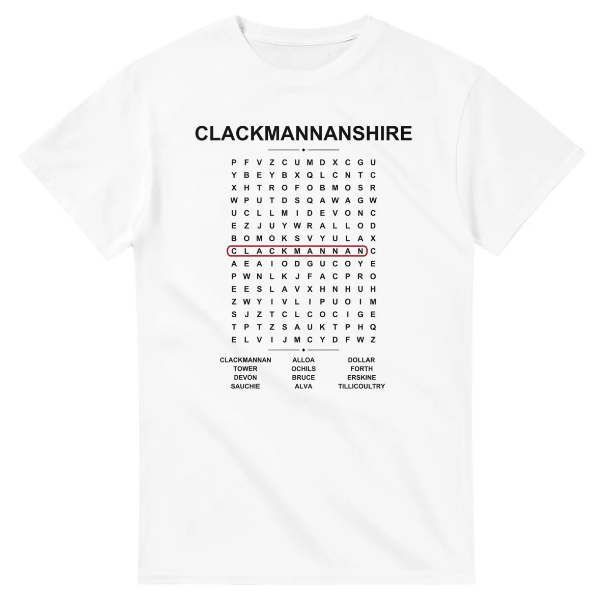 Word-search sheet for Clackmannanshire, with a large place-name heading, a letter grid, a local answer list, and a red highlighted example word.