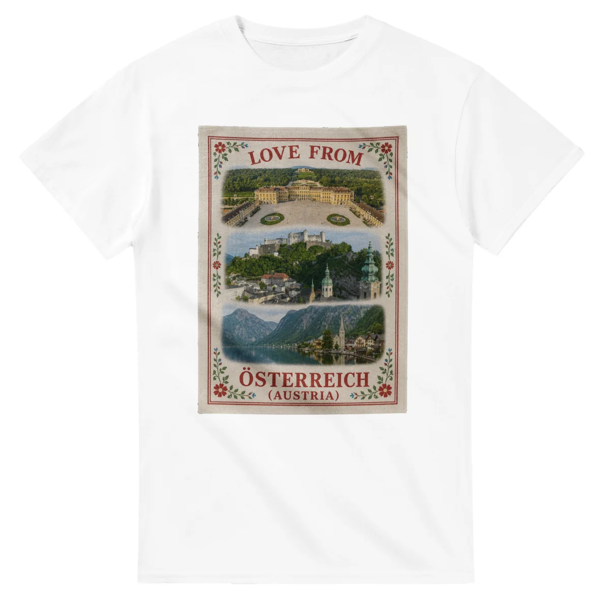 Framed scenic design for Österreich (Austria), with several local views, a decorative border and LOVE FROM lettering.