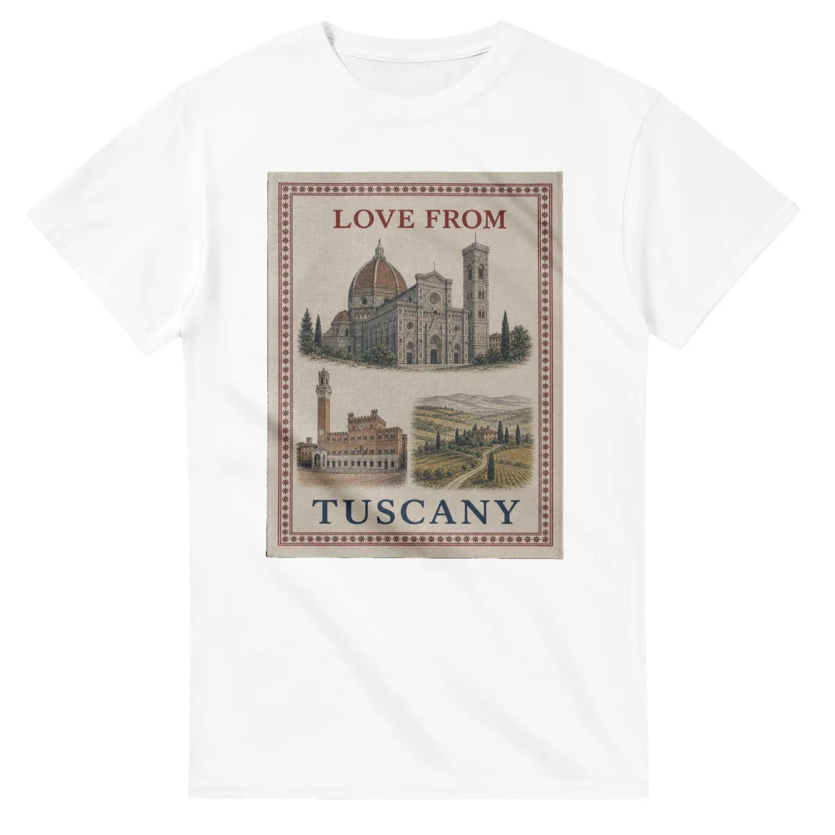Framed scenic design for Tuscany, with several local views, a decorative border and LOVE FROM lettering.