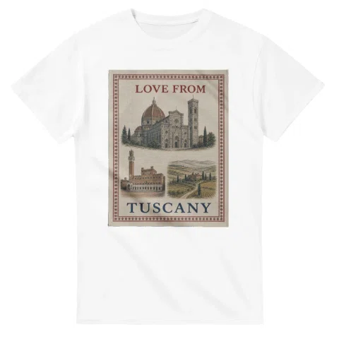 Framed scenic design for Tuscany, with several local views, a decorative border and LOVE FROM lettering.