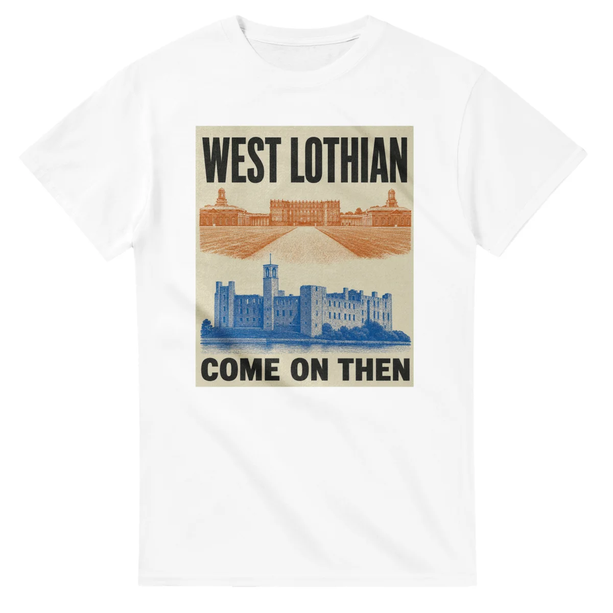 Two-colour scenic illustration for West Lothian, with the place name and COME ON THEN lettering.
