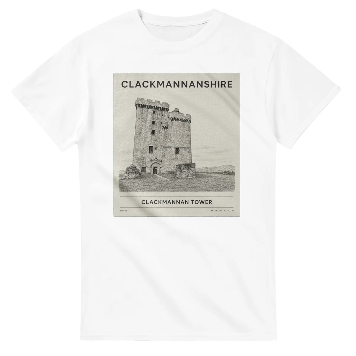 Fine-line engraving-style drawing for Clackmannanshire, with a landmark caption and small coordinate text.