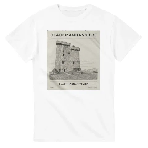 Fine-line engraving-style drawing for Clackmannanshire, with a landmark caption and small coordinate text.