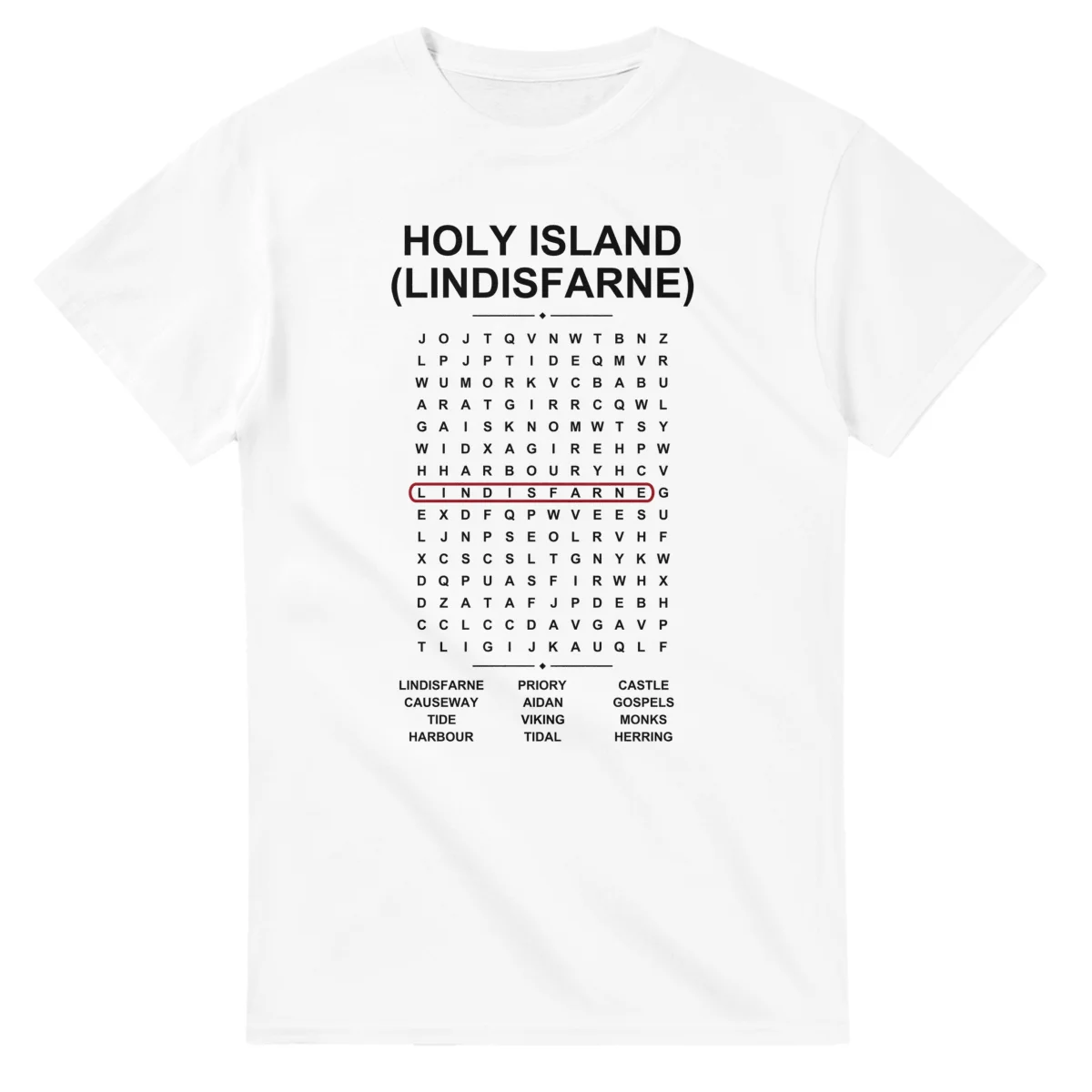 Word-search sheet for Holy Island (Lindisfarne), with a large place-name heading, a letter grid, a local answer list, and a red highlighted example word.
