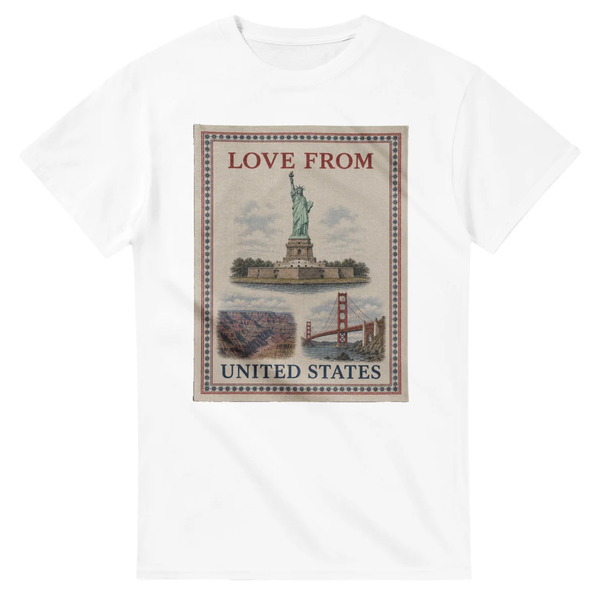 Framed scenic design for United States, with several local views, a decorative border and LOVE FROM lettering.