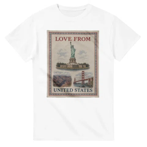 Framed scenic design for United States, with several local views, a decorative border and LOVE FROM lettering.