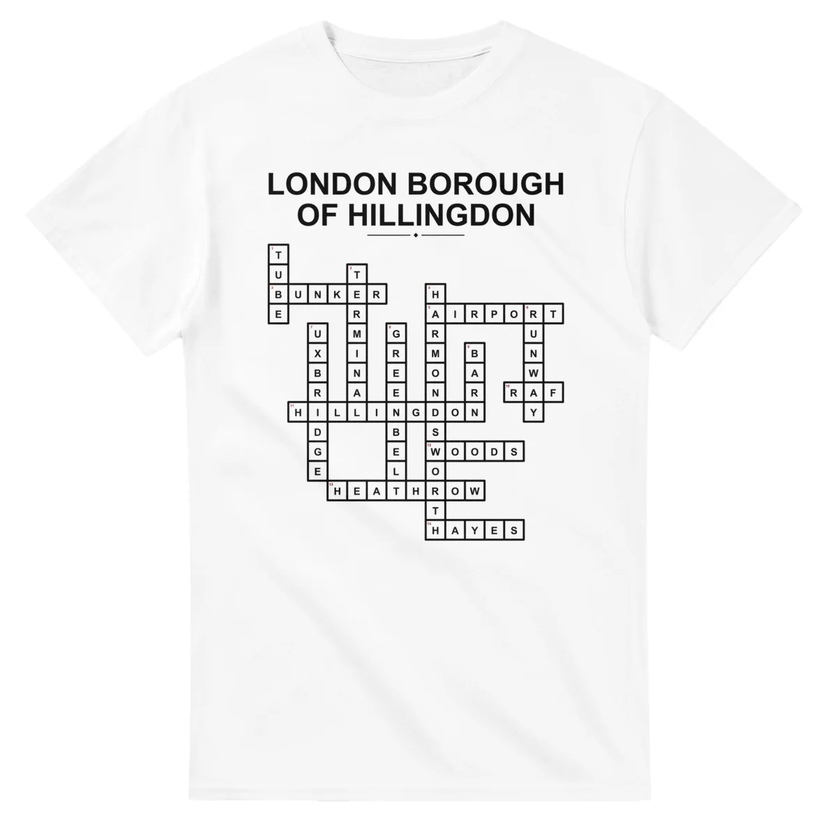 Monochrome crossword sheet for London Borough of Hillingdon, with a large place-name heading, a letter grid, and numbered across and down clues.