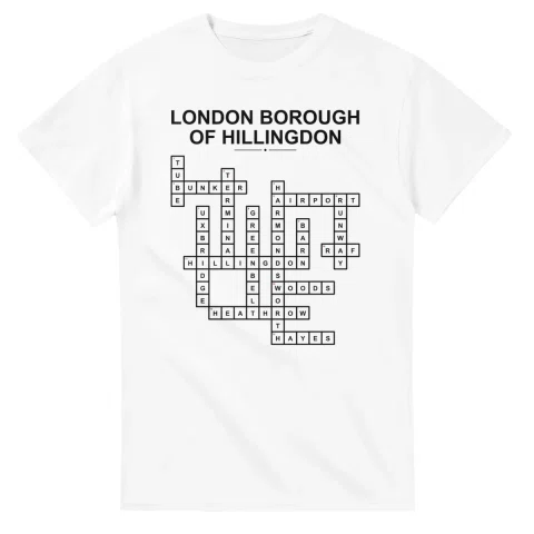 Monochrome crossword sheet for London Borough of Hillingdon, with a large place-name heading, a letter grid, and numbered across and down clues.