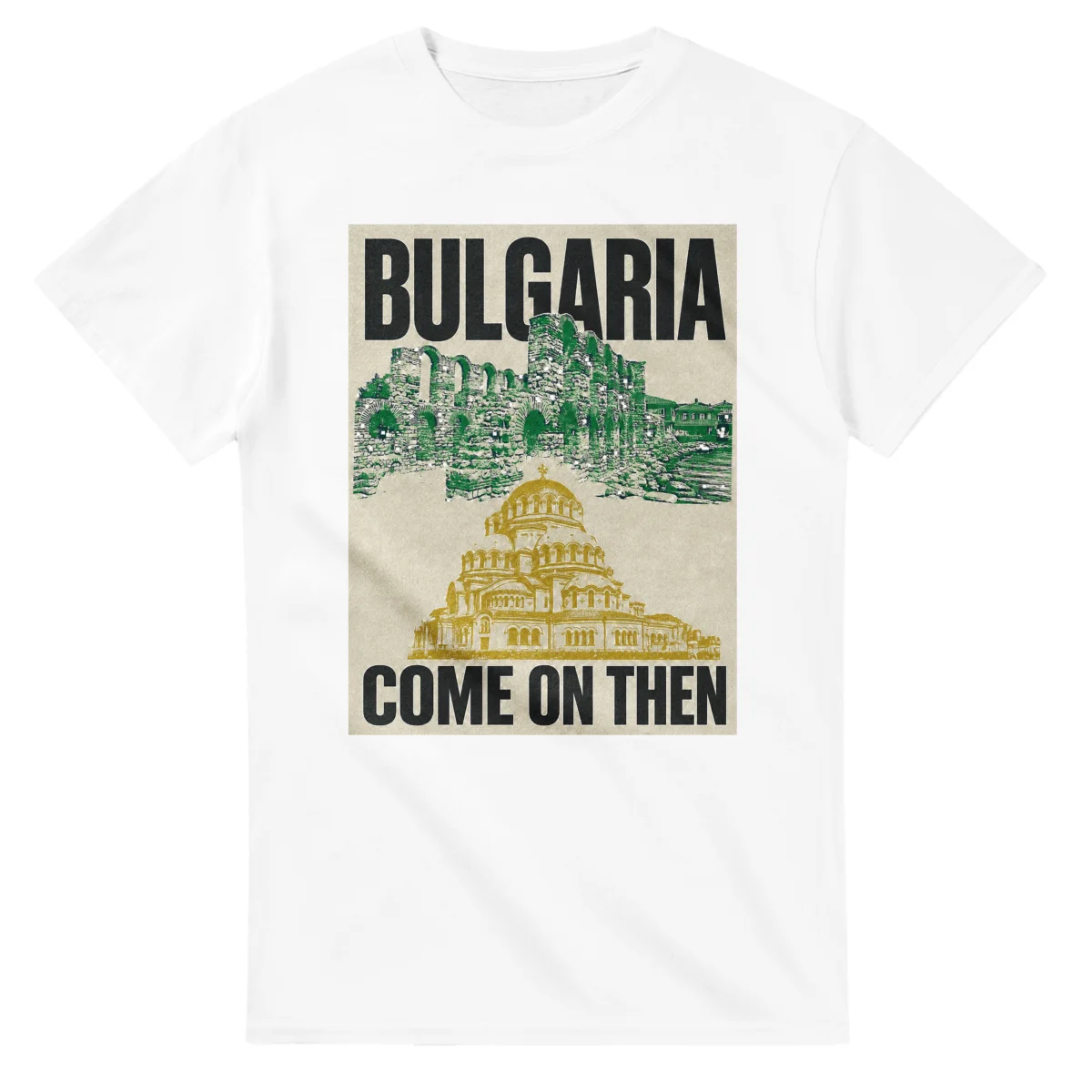 Two-colour scenic illustration for Bulgaria, with the place name and COME ON THEN lettering.