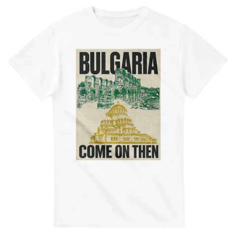 Two-colour scenic illustration for Bulgaria, with the place name and COME ON THEN lettering.