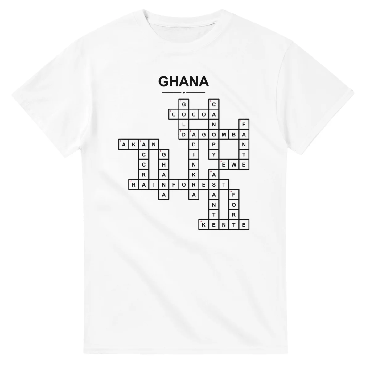 Monochrome crossword sheet for Ghana, with a large place-name heading, a letter grid, and numbered across and down clues.