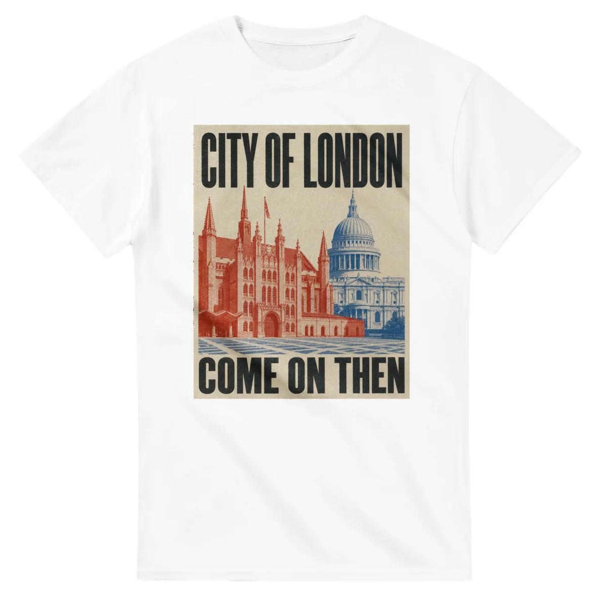 Two-colour scenic illustration for City of London, with the place name and COME ON THEN lettering.
