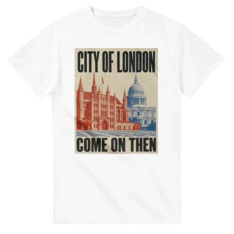 Two-colour scenic illustration for City of London, with the place name and COME ON THEN lettering.