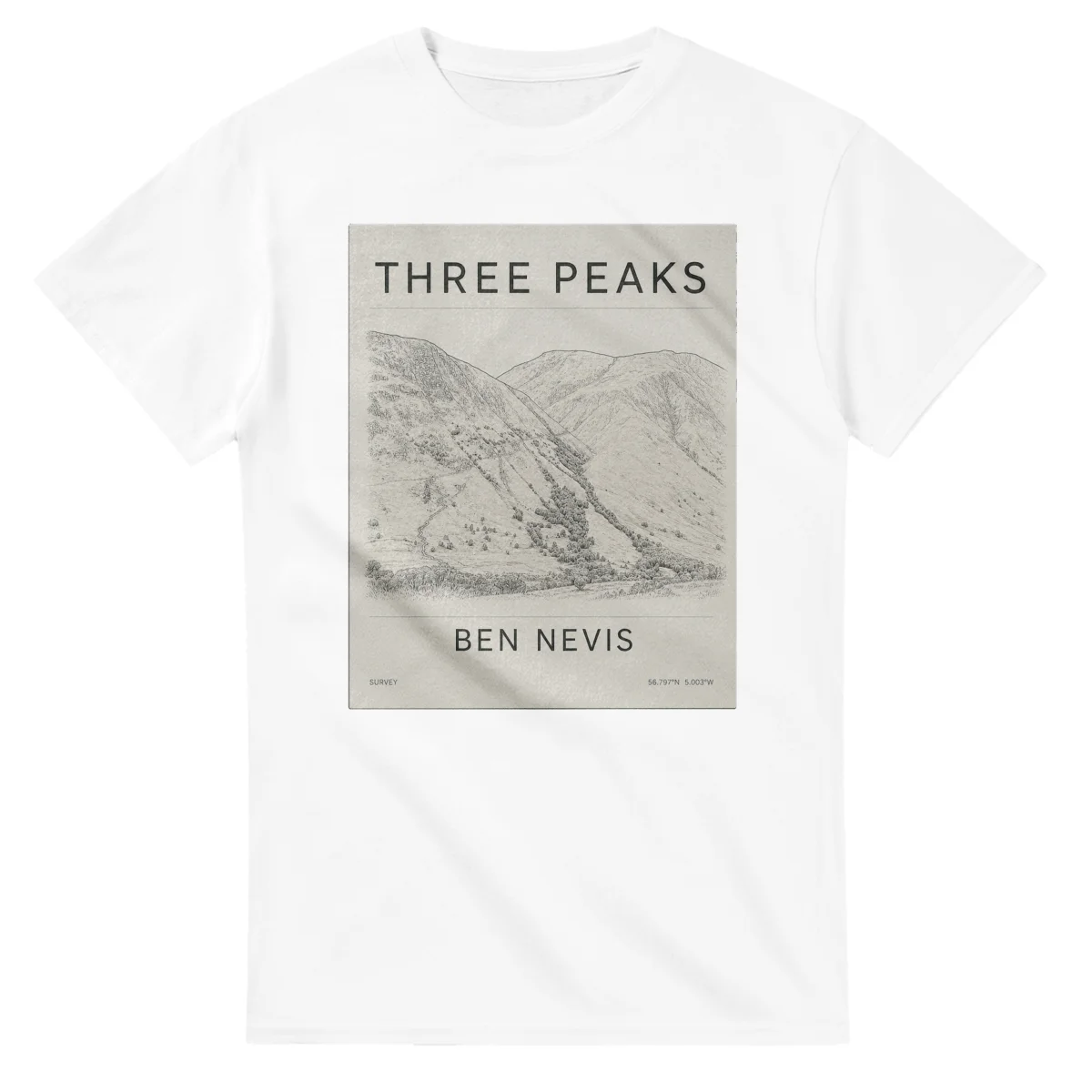 Fine-line engraving-style drawing for Three Peaks, with a landmark caption and small coordinate text.
