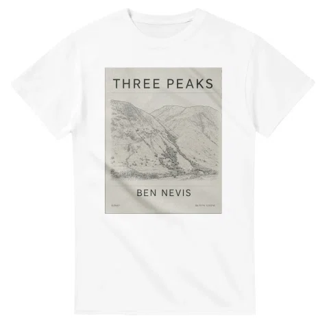 Fine-line engraving-style drawing for Three Peaks, with a landmark caption and small coordinate text.