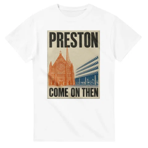 Two-colour scenic illustration for Preston, with the place name and COME ON THEN lettering.