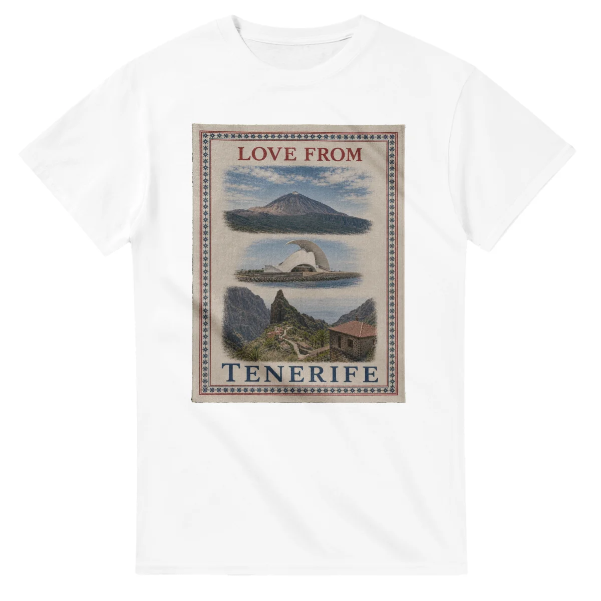 Framed scenic design for Tenerife, with several local views, a decorative border and LOVE FROM lettering.