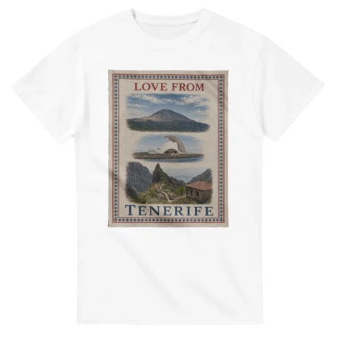 Framed scenic design for Tenerife, with several local views, a decorative border and LOVE FROM lettering.