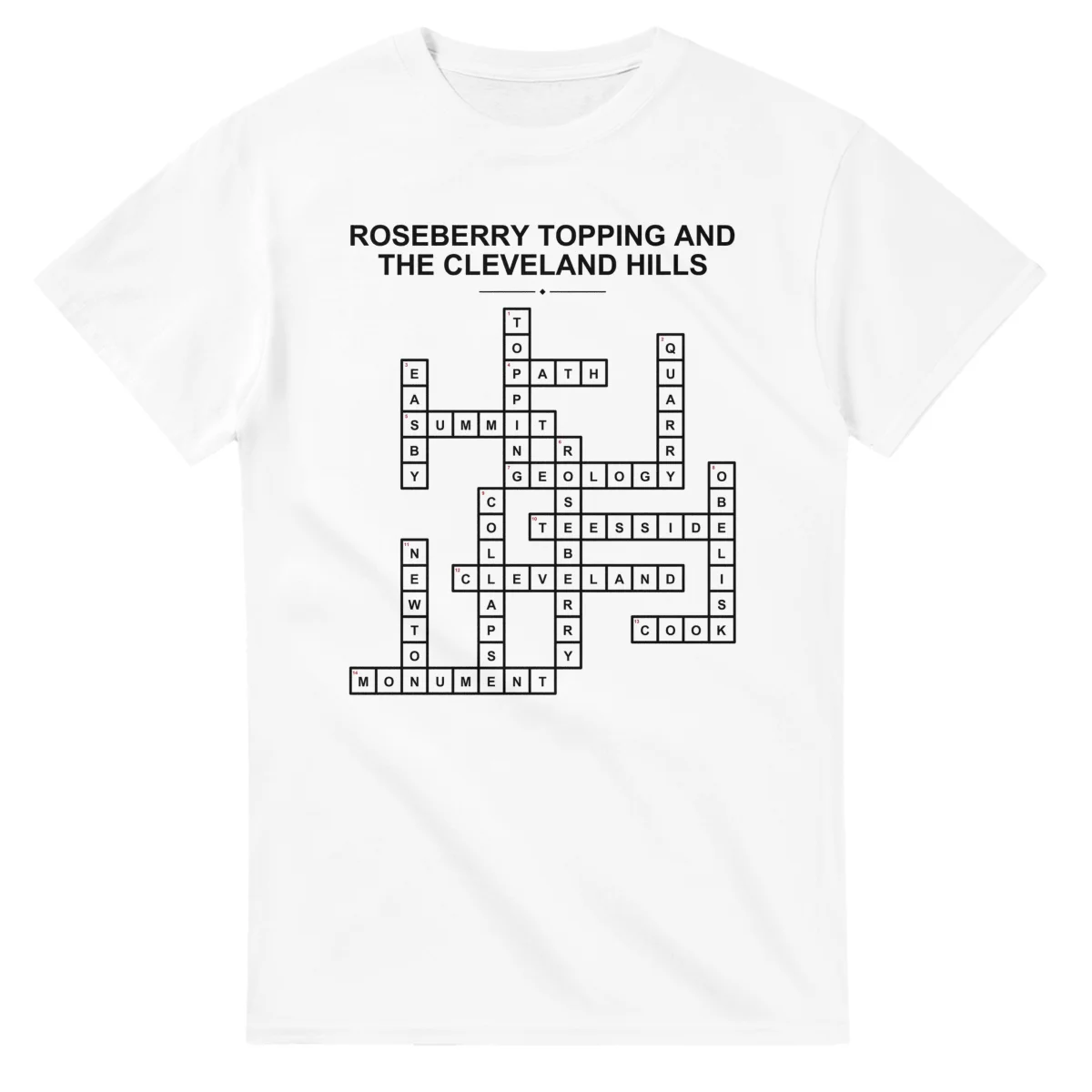 Monochrome crossword sheet for Roseberry Topping and the Cleveland Hills, with a large place-name heading, a letter grid, and numbered across and down clues.