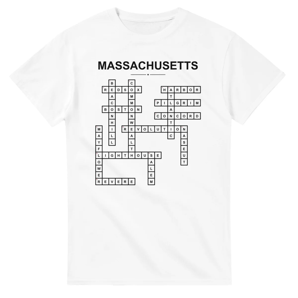 Monochrome crossword sheet for Massachusetts, with a large place-name heading, a letter grid, and numbered across and down clues.