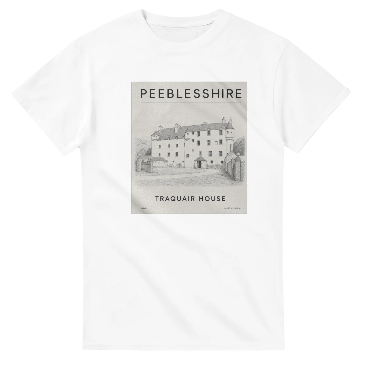 Fine-line engraving-style drawing for Peeblesshire, with a landmark caption and small coordinate text.