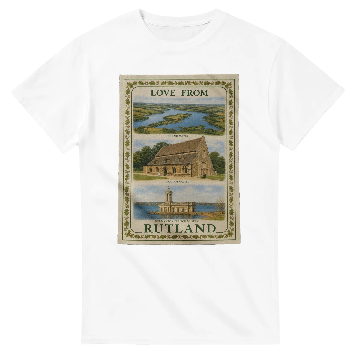 Framed scenic design for Rutland, with several local views, a decorative border and LOVE FROM lettering.