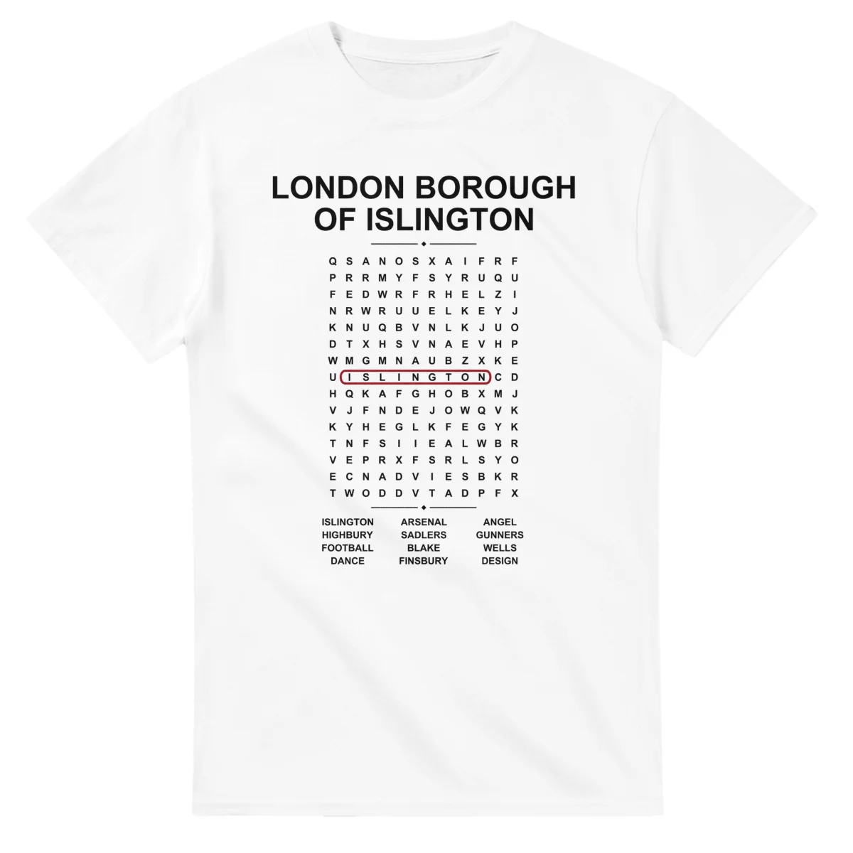 Word-search sheet for London Borough of Islington, with a large place-name heading, a letter grid, a local answer list, and a red highlighted example word.