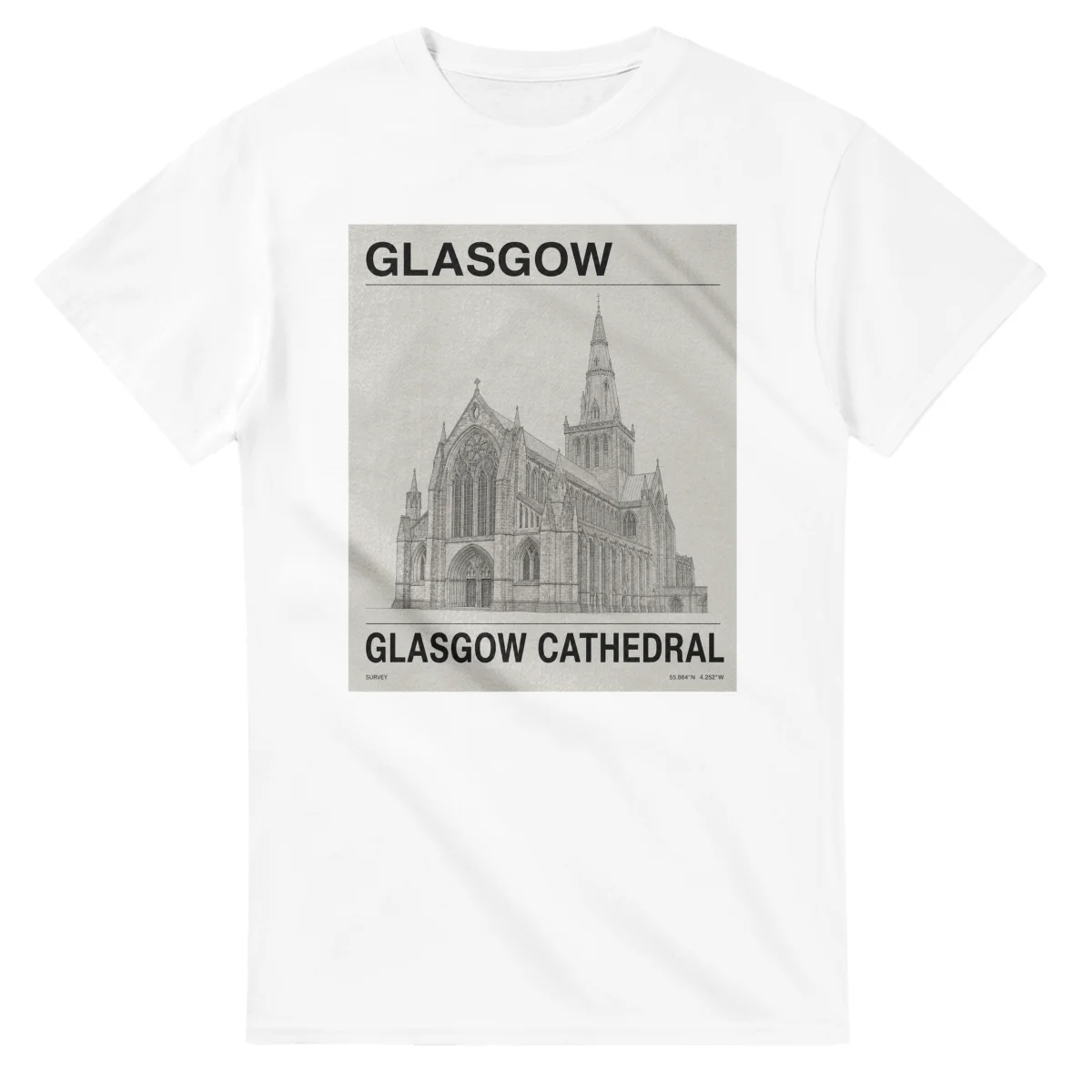 Fine-line engraving-style drawing for Glasgow, with a landmark caption and small coordinate text.