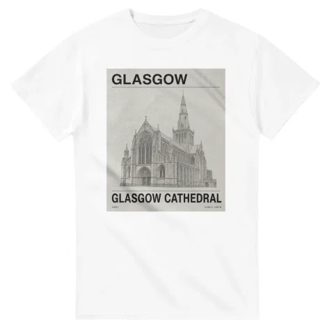 Fine-line engraving-style drawing for Glasgow, with a landmark caption and small coordinate text.