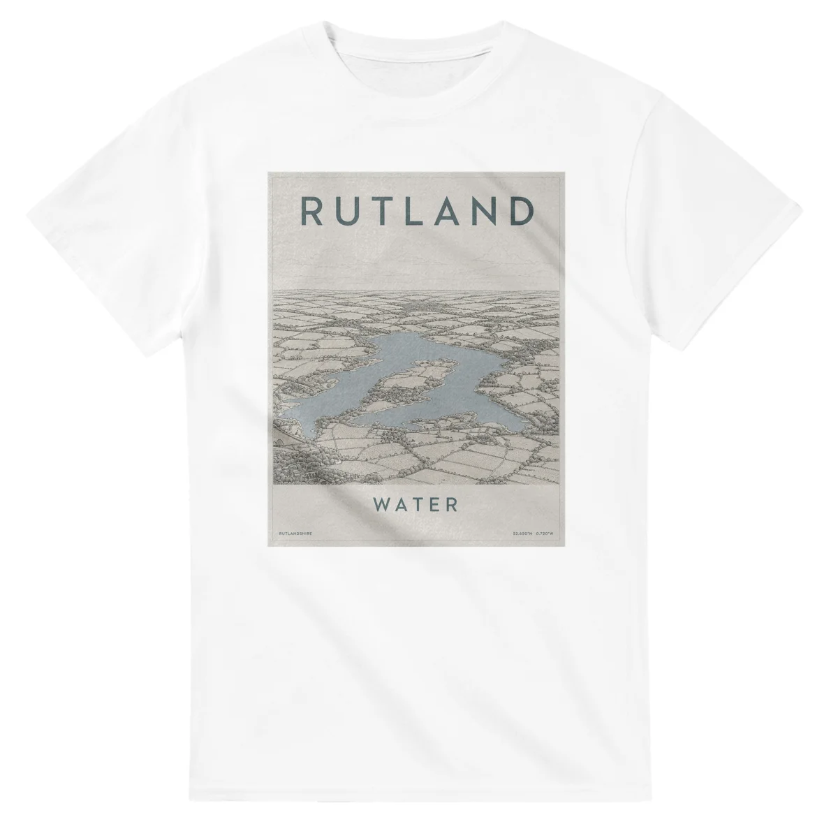 Fine-line engraving-style drawing for Rutland, with a landmark caption and small coordinate text.