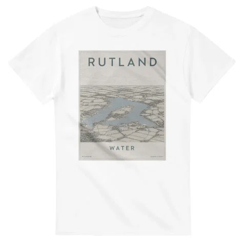 Fine-line engraving-style drawing for Rutland, with a landmark caption and small coordinate text.