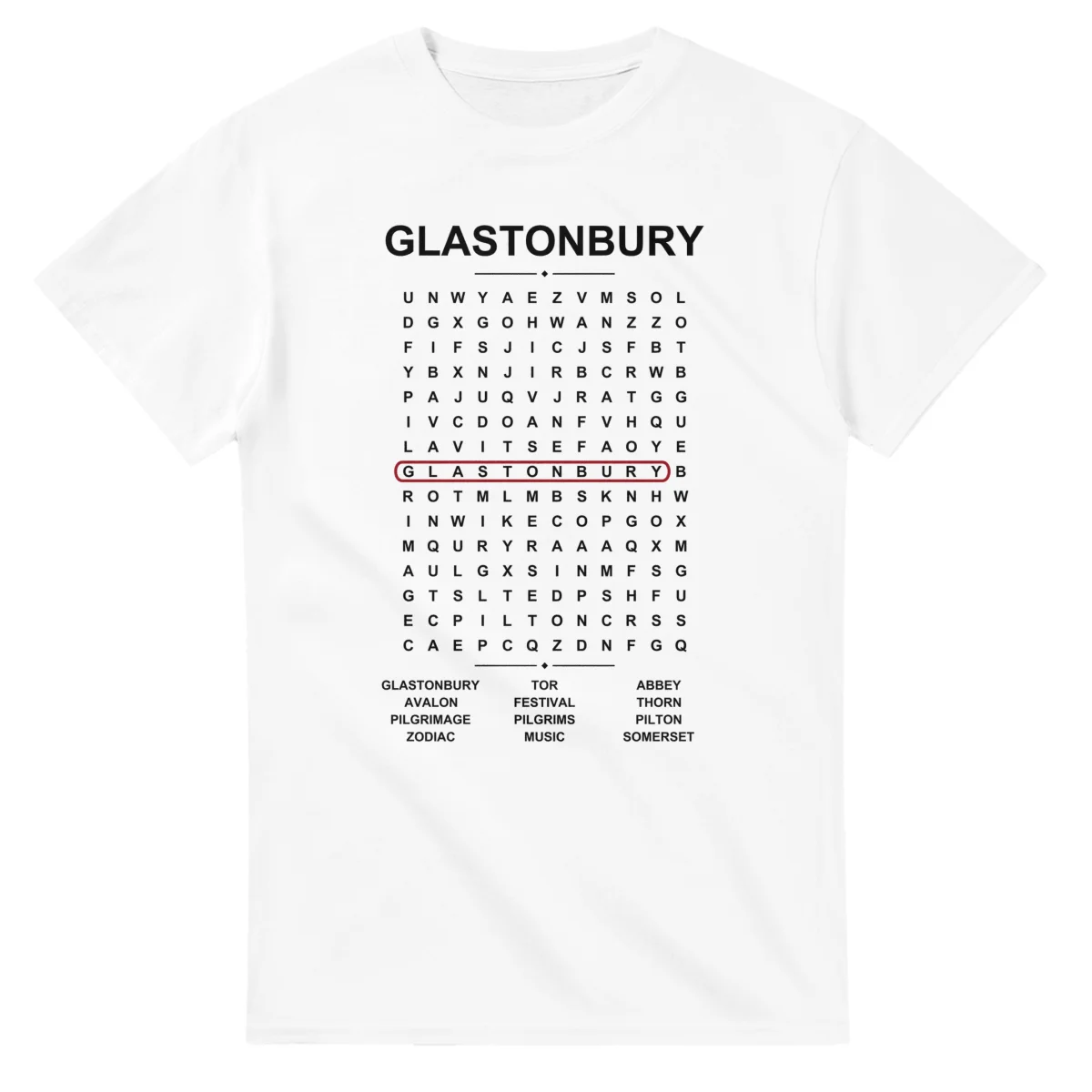 Word-search sheet for Glastonbury, with a large place-name heading, a letter grid, a local answer list, and a red highlighted example word.