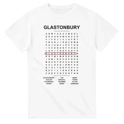 Word-search sheet for Glastonbury, with a large place-name heading, a letter grid, a local answer list, and a red highlighted example word.
