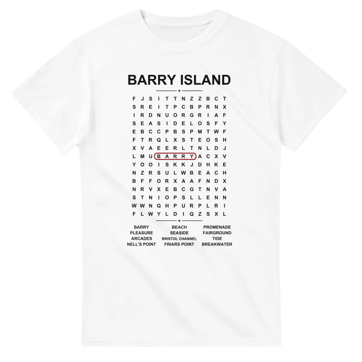 Word-search sheet for Barry Island, with a large place-name heading, a letter grid, a local answer list, and a red highlighted example word.