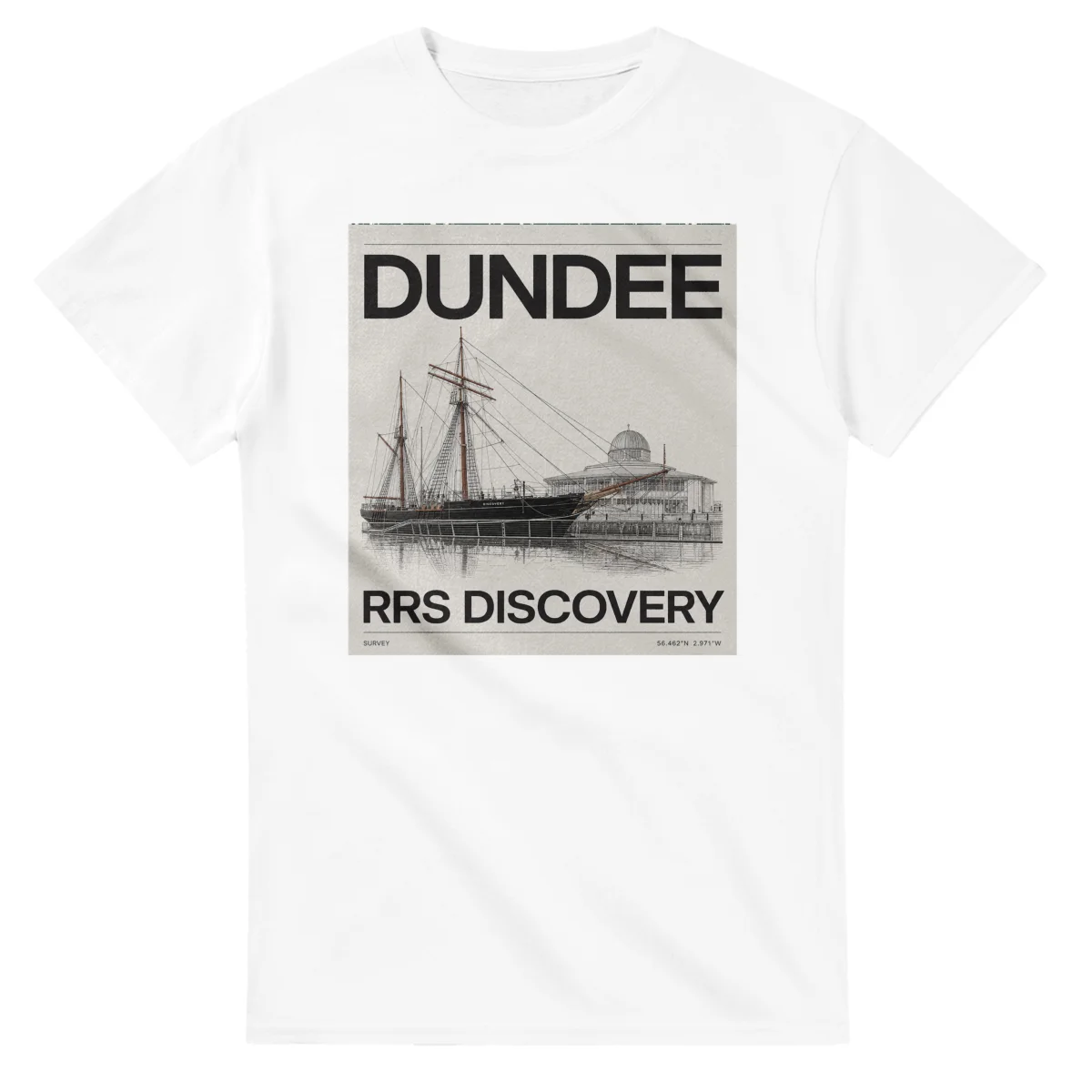 Fine-line engraving-style drawing for Dundee, with a landmark caption and small coordinate text.
