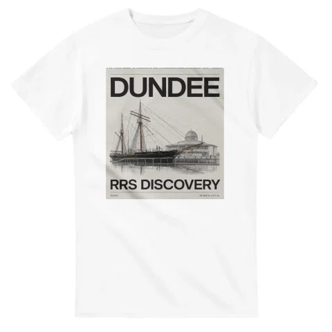 Fine-line engraving-style drawing for Dundee, with a landmark caption and small coordinate text.
