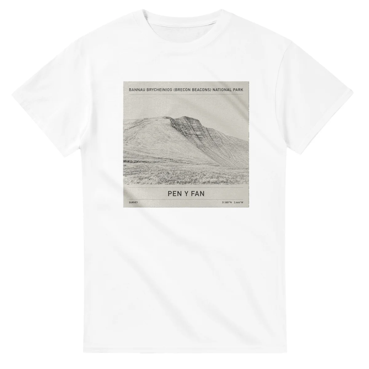 Fine-line engraving-style drawing for Bannau Brycheiniog (Brecon Beacons) National Park, with a landmark caption and small coordinate text.